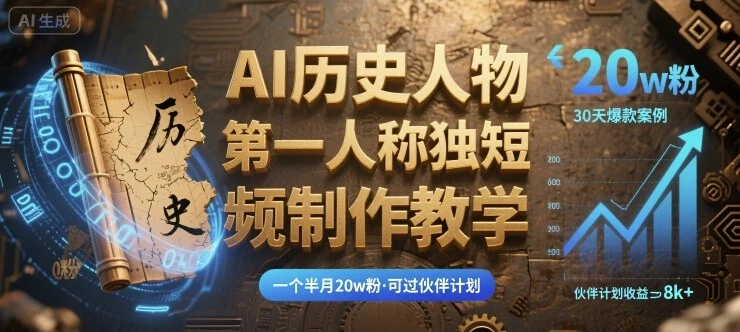 【精】最新AI历史人物第一人称独白短视频制作教学,一个半月20w粉,可过伙伴计划-创业猫 【精】最新AI历史人物第一人称独白短视频制作教学,一个半月20w粉,可过伙伴计划