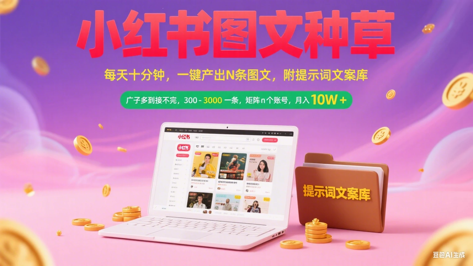 【精】小红书图文种草   每天十分钟 一键产出N条图文 附提示词文案库广子多到接不完 300-3000一条 矩阵n个账号 月入10W+