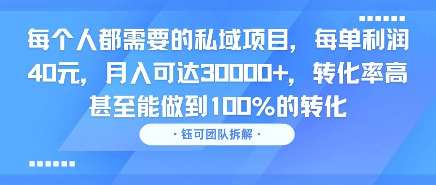 每个人都需要的私域项目，每单利润40元，月入可达30000+，转化率高 甚至能做到100%的转化