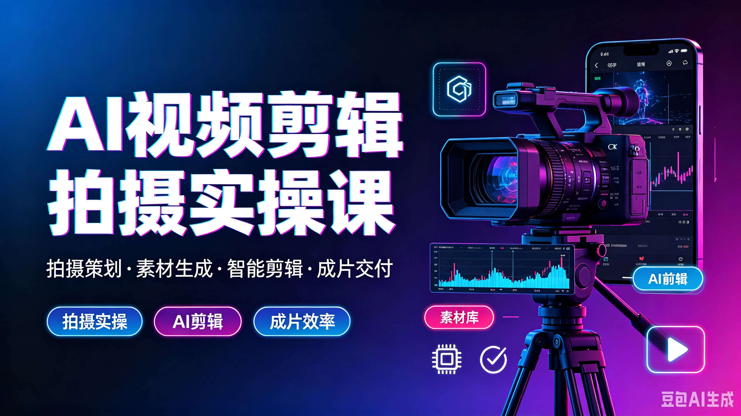 【精】AI视频剪辑拍摄实操课，拍摄策划·素材生成·智能剪辑·成片交付，拍摄实操、Al剪辑、成片效率