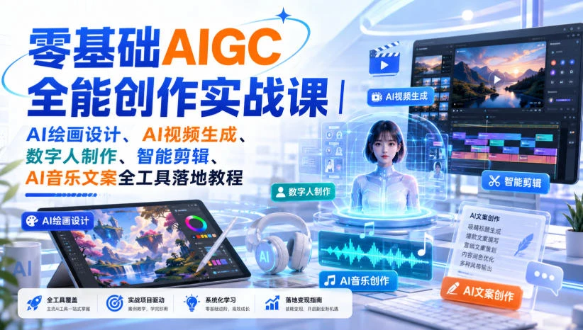 【精】零基础AIGC全能创作实战课|AI绘画设计、AI视频生成、数字人制作、智能剪辑、AI音乐文案全工具落地教程