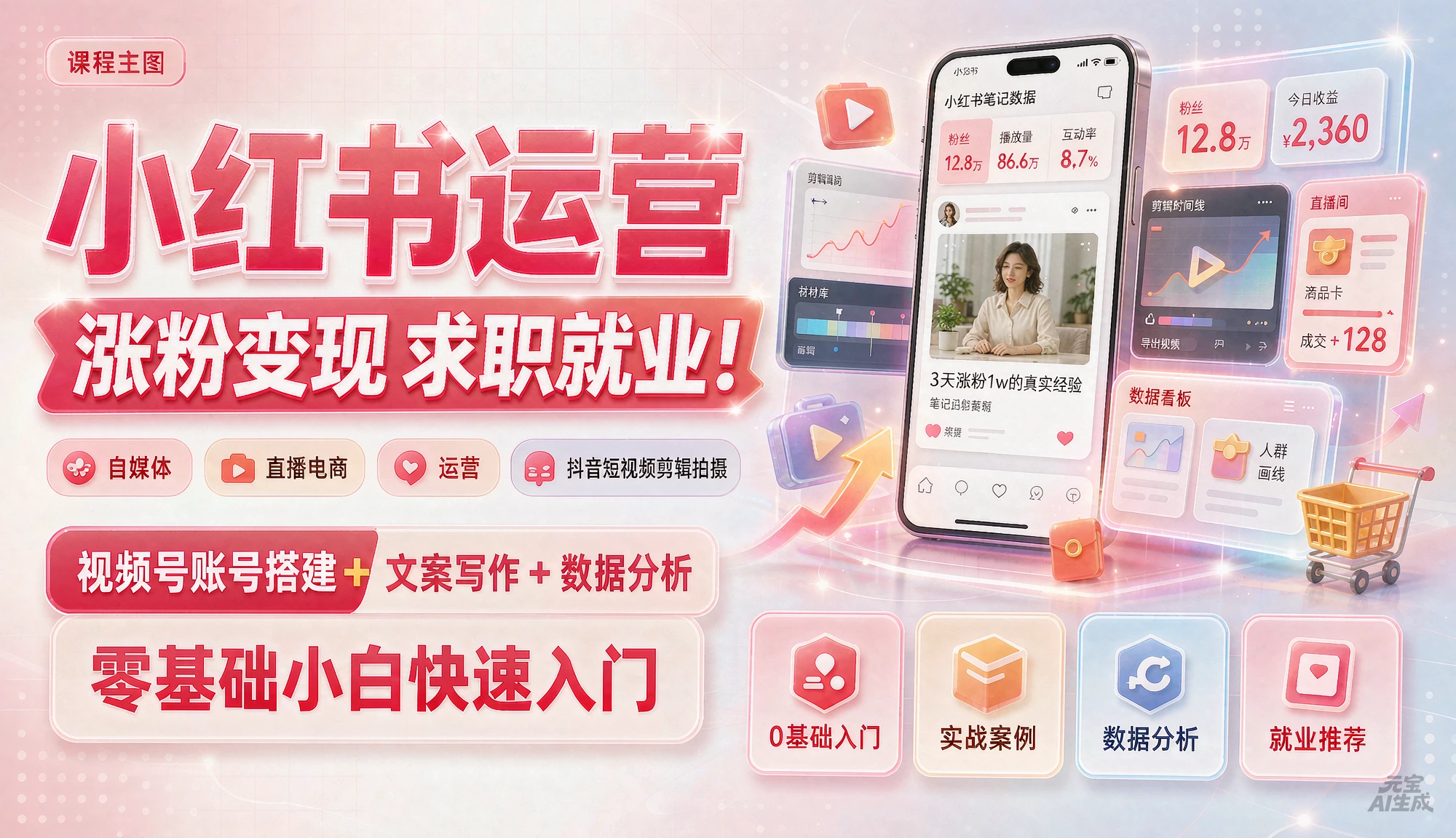 【精】小红书运营涨粉变现求职就业!自媒体直播电商运营抖音短视频剪辑拍摄,视频号账号搭建+文案写作+数据分析,零基础小白快速入门
