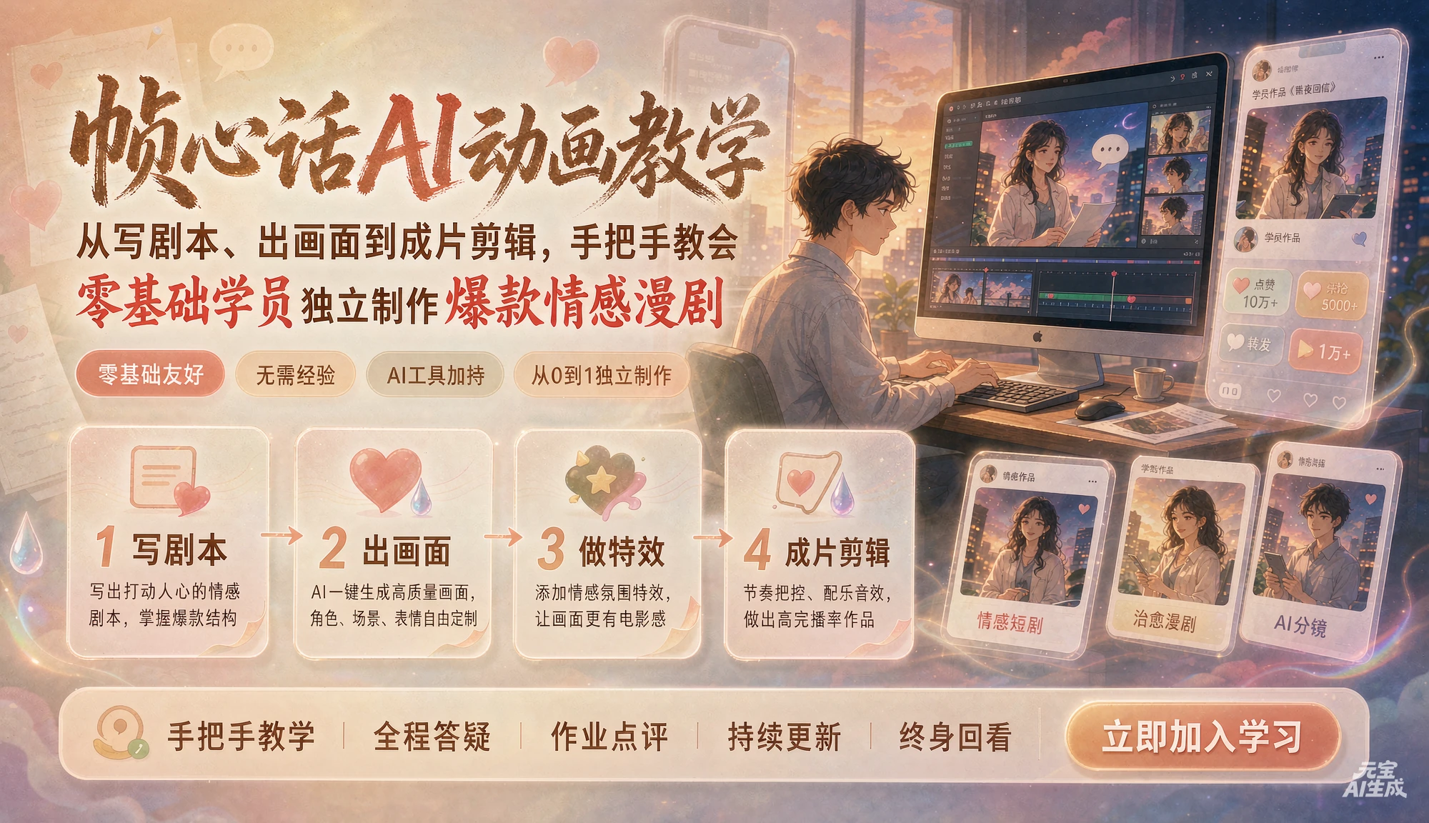 【精】帧心话AI动画教学|从写剧本、出画面到成片剪辑,手把手教会零基础学员独立制作爆款情感漫剧
