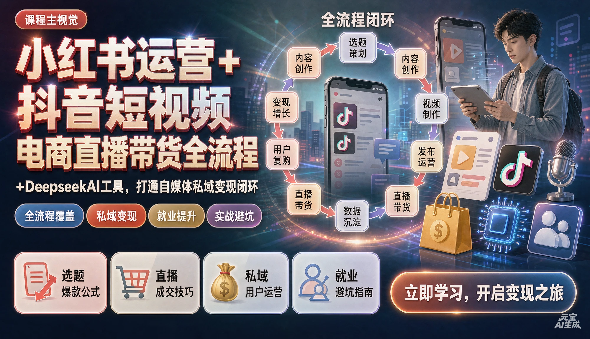【精】小红书运营抖音短视频电商直播带货全流程+DeepseekAI工具，打通自媒体私域变现闭环，教你就业避坑少走弯路。
