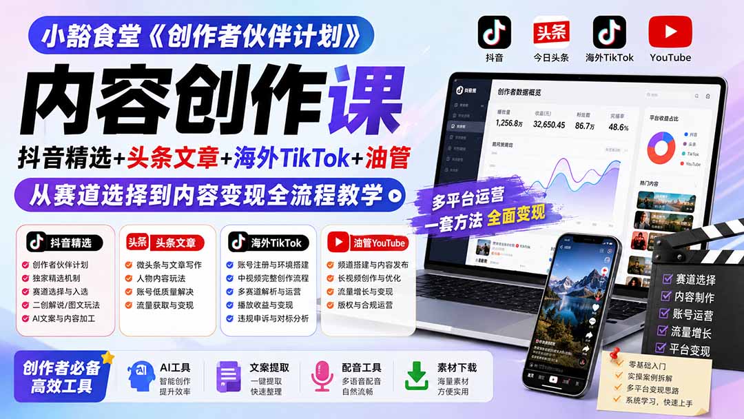 【精】小豁食堂·内容创作课,抖音精选+头条文章+海外TikTok+油管,从赛道选择到内容变现全流程教学
