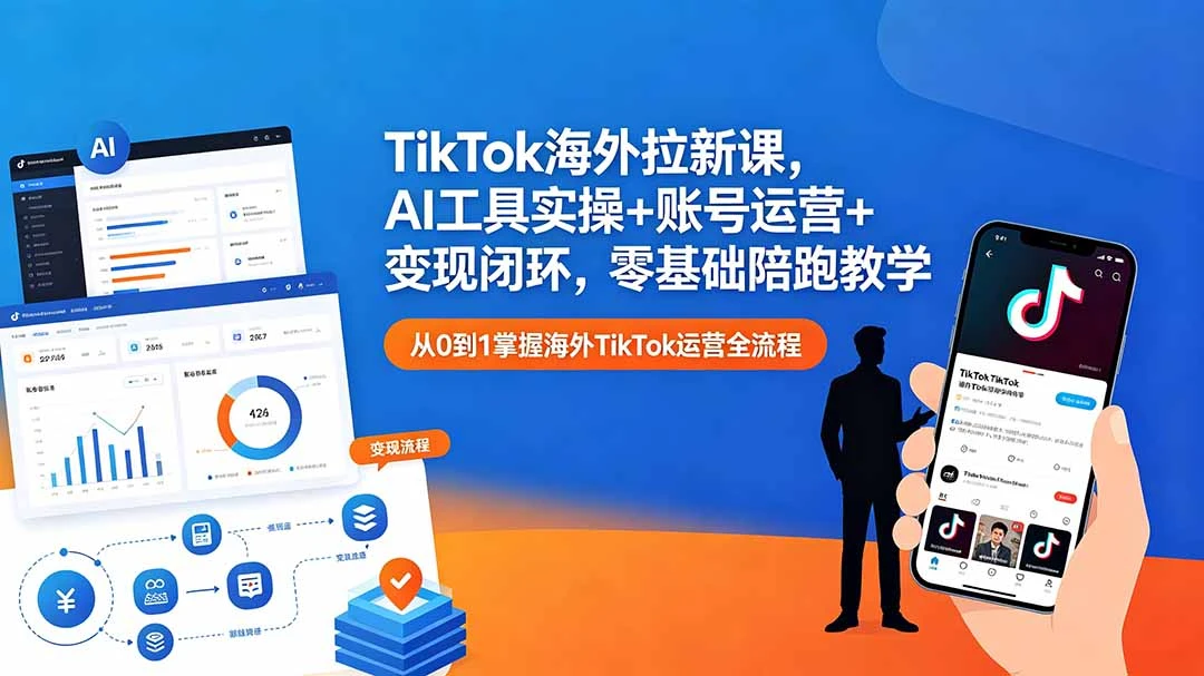 【精】TikTok海外拉新课，AI工具实操+账号运营+变现闭环，零基础陪跑教学