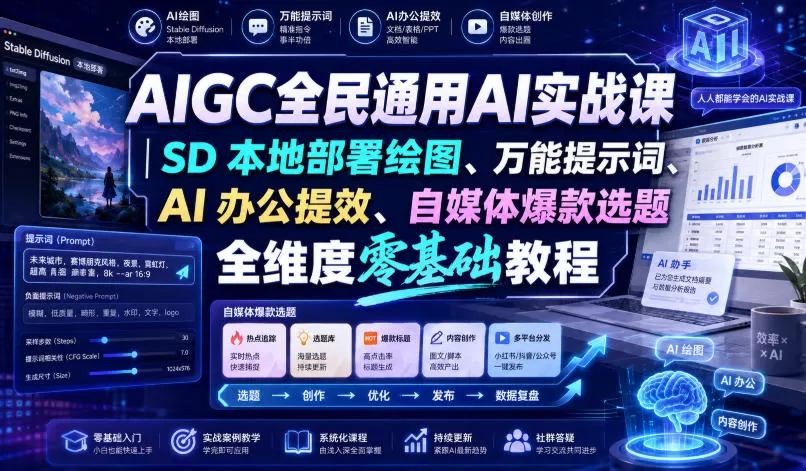 【精】AIGC全民通用AI实战课｜SD本地部署绘图、万能提示词、AI办公提效、自媒体爆款选题全维度零基础教程