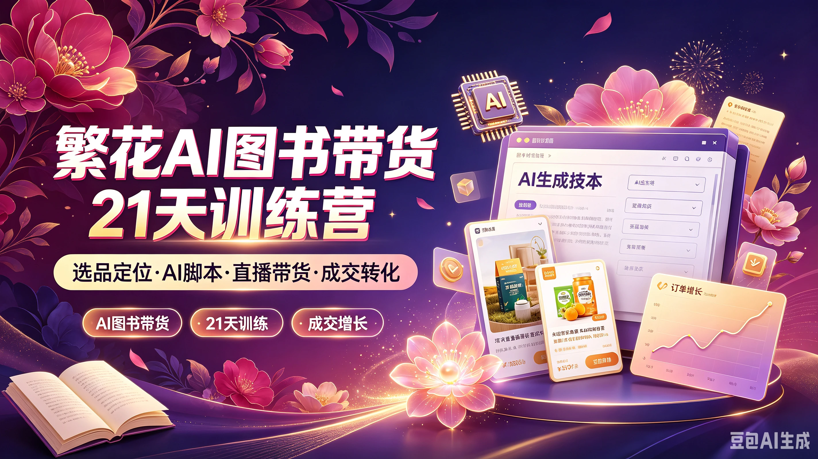 【精】繁花AI图书带货21天训练营，选品定位·AI脚本·直播带货·成交转化，AI图书带货、21天训练、成交增长