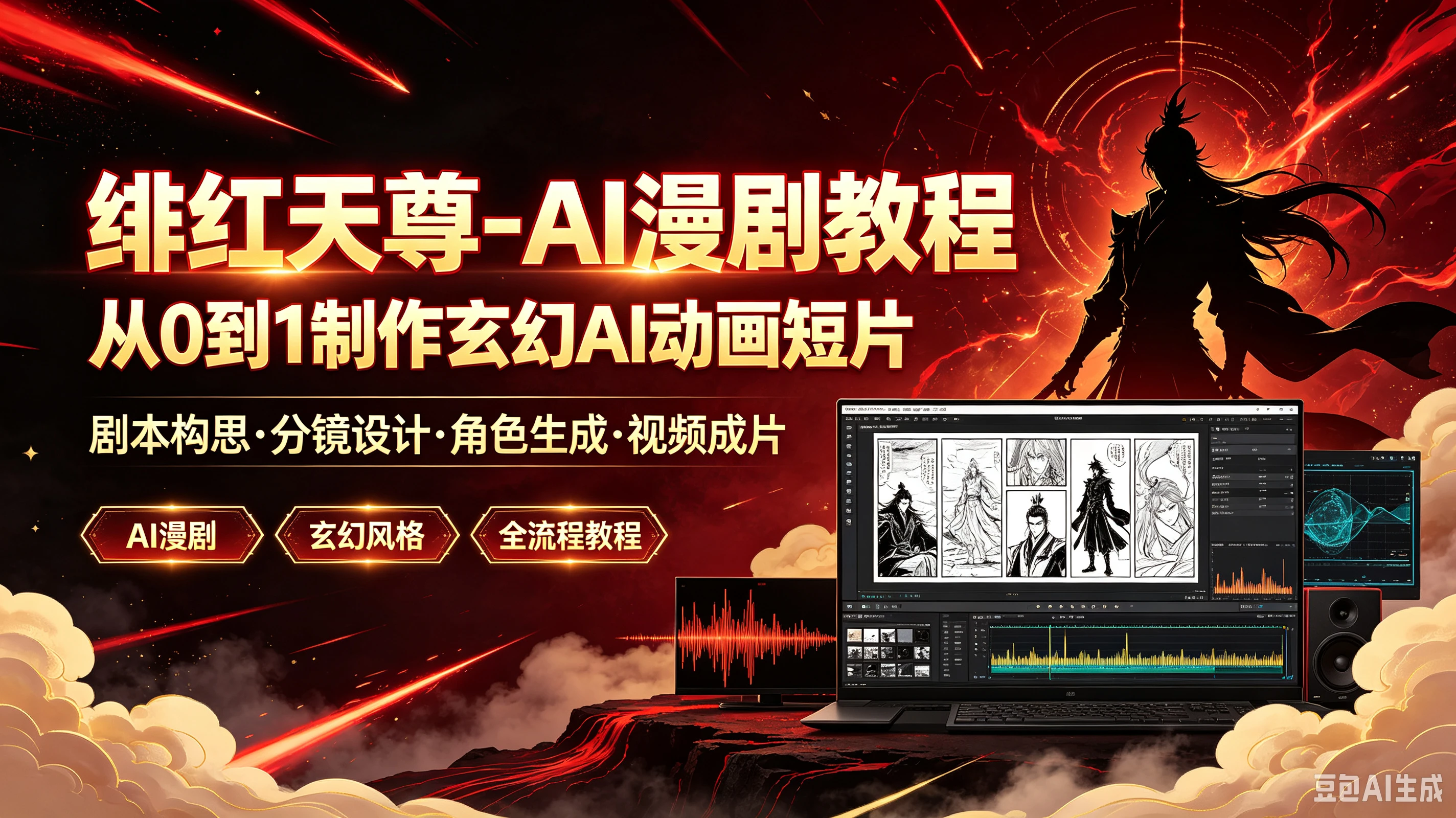 【精】绯红天尊-AI漫剧教程从O到1制作玄幻AI动画短片，剧本构思·分镜设计·角色生成·视频成片