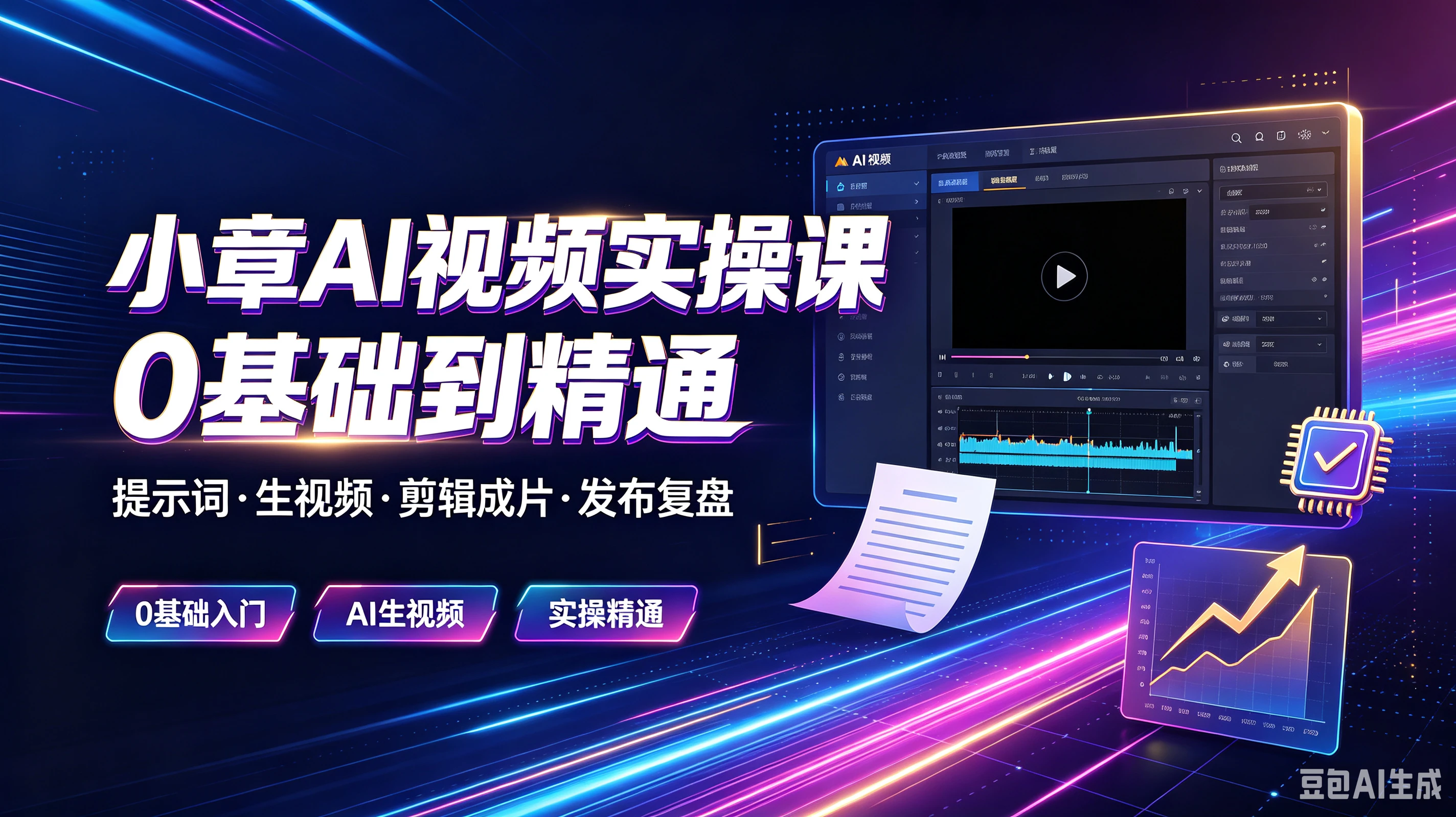 【精】小章AI视频实操课O基础到精通，提示词·生视频·剪辑成片·发布复盘，0基础入门、Al生视频、实操精通