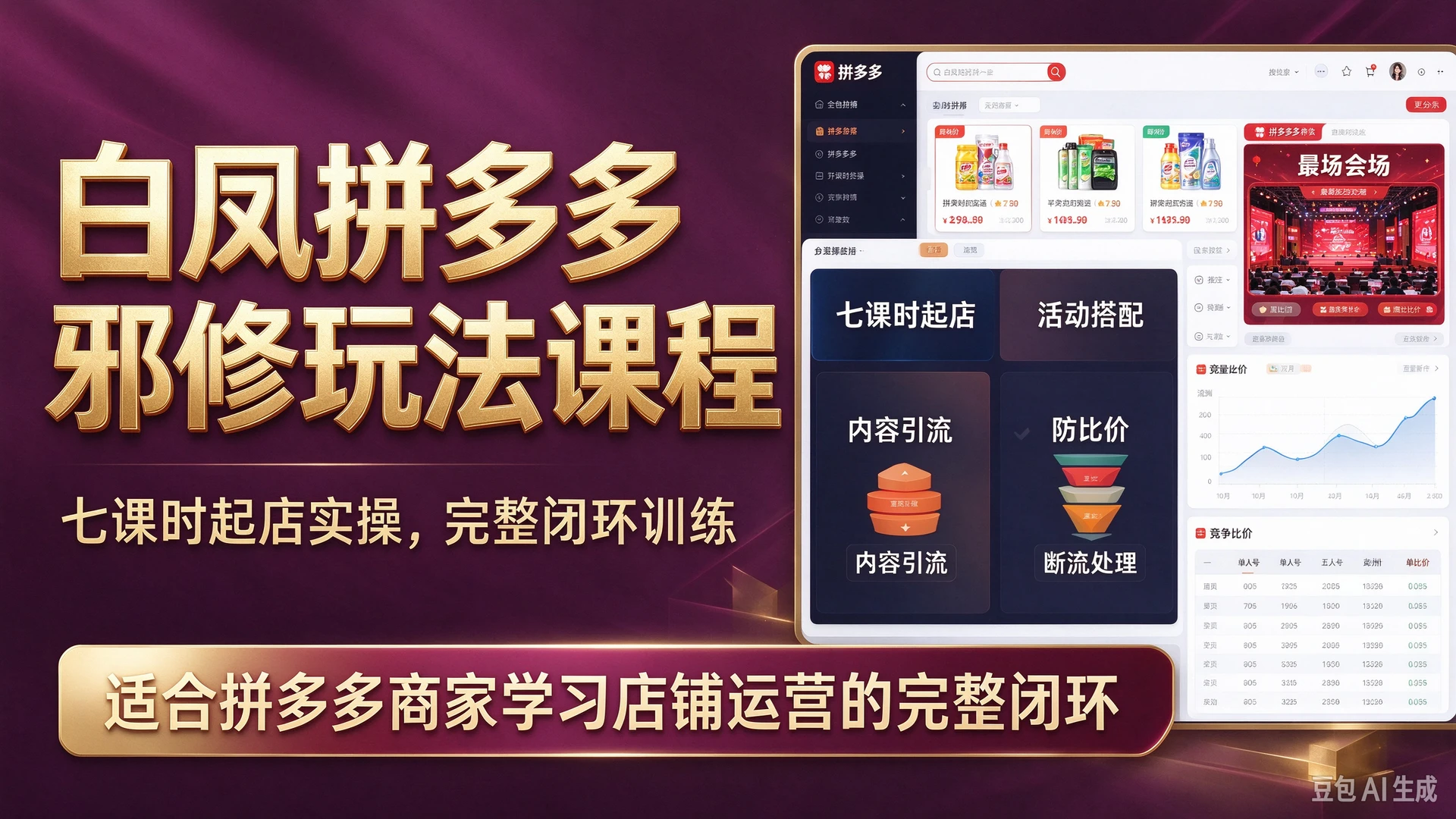 白凤拼多多邪修玩法课程,带你学习七课时起店实操、活动搭配与内容引流方法,掌握防比价与断流处理技巧,适合拼多多商家学习店铺运营的完整闭环
