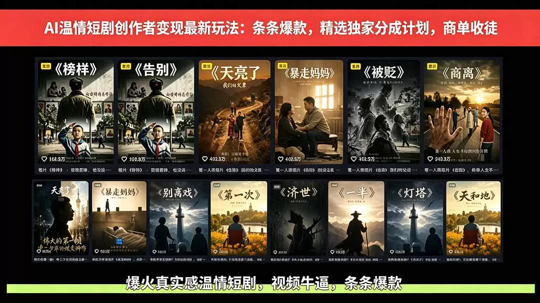 【精】AI温情短剧创作者变现最新玩法：视频牛逼，条条爆款，精选独家分成计划，商单收徒