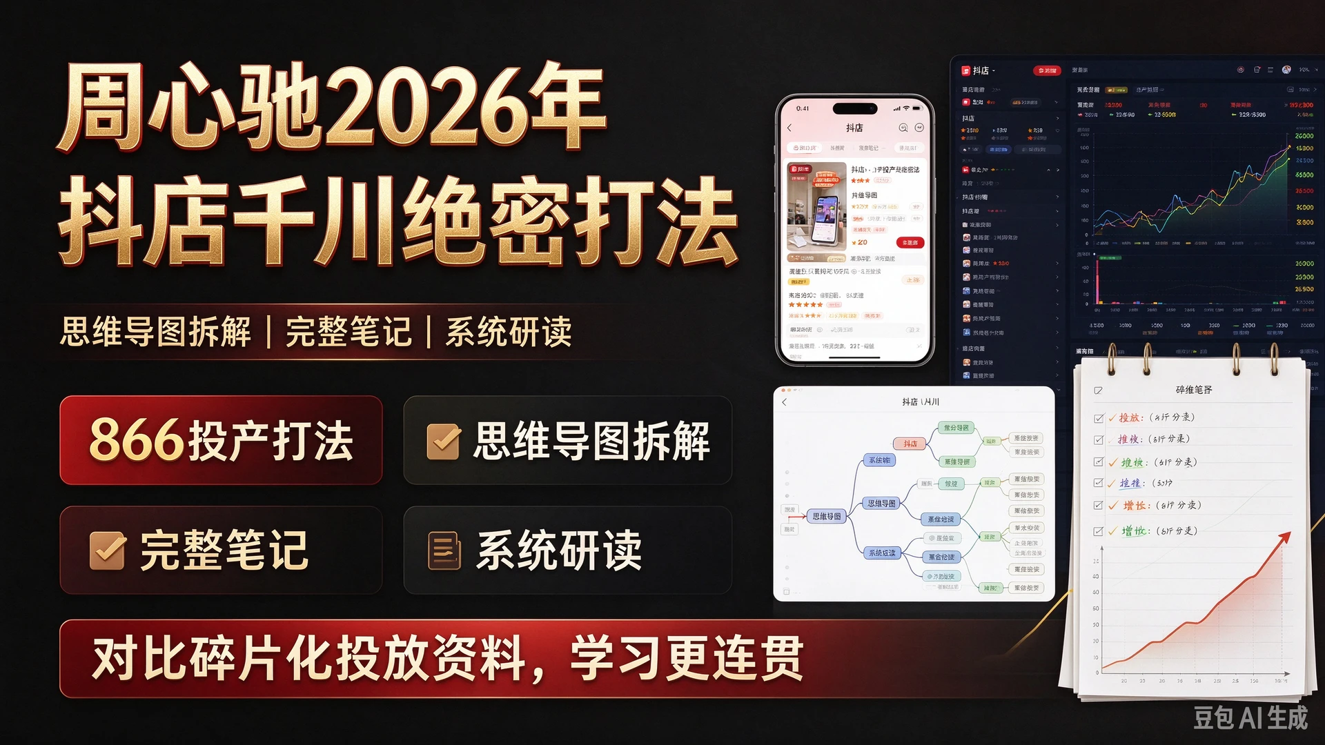 周心驰2026年抖店千川866投产绝密打法,拆解思维导图与完整笔记,对比碎片化投放资料更方便系统研读