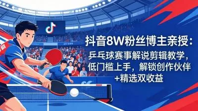 抖音8W粉丝博主的乒乓球赛事解说剪辑教学，剪辑简单，门槛低，可进抖音创作伙伴计划+精选独家
