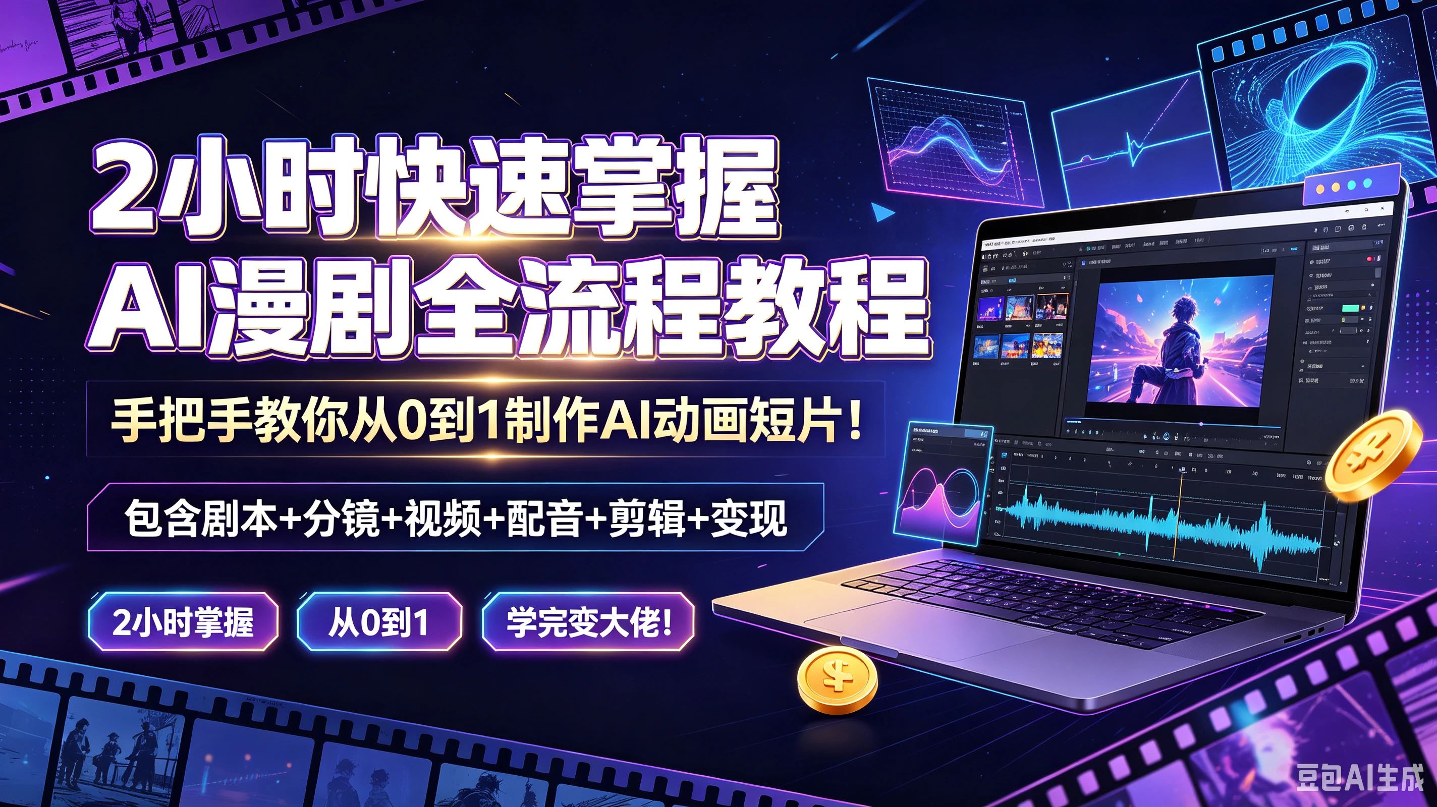【精】2小时快速掌握AI漫剧全流程教程，手把手教你从0到1制作A动画短片！包含剧本+分镜+视频+配音+剪辑+变现，2小时掌握、从0到1、学完变大佬！