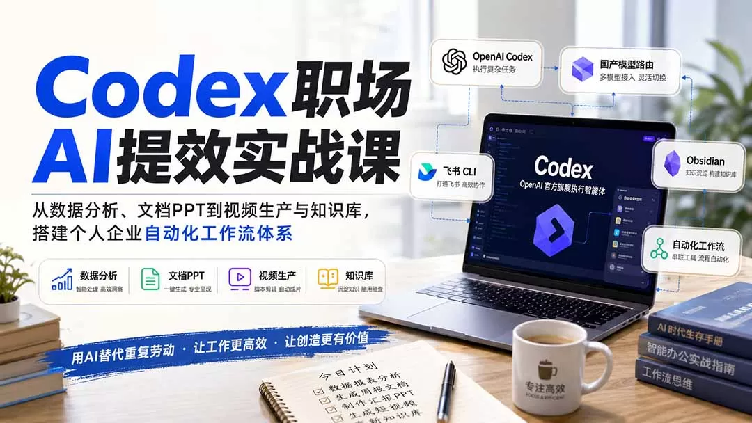 【精】Codex职场AI提效实战课：从数据分析、文档PPT到视频生产与知识库，搭建个人企业自动化工作流体系