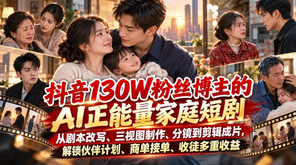 【精】抖音130W粉丝博主的AI正能量家庭短剧,从剧本改写、三视图制作、分镜到剪辑成片,解锁伙伴计划、商单接单、收徒多重收益 【精】抖音130W粉丝博主的AI正能量家庭短剧,从剧本改写、三视图制作、分镜到剪辑成片,解锁伙伴计划、商单接单、收徒多重收益
