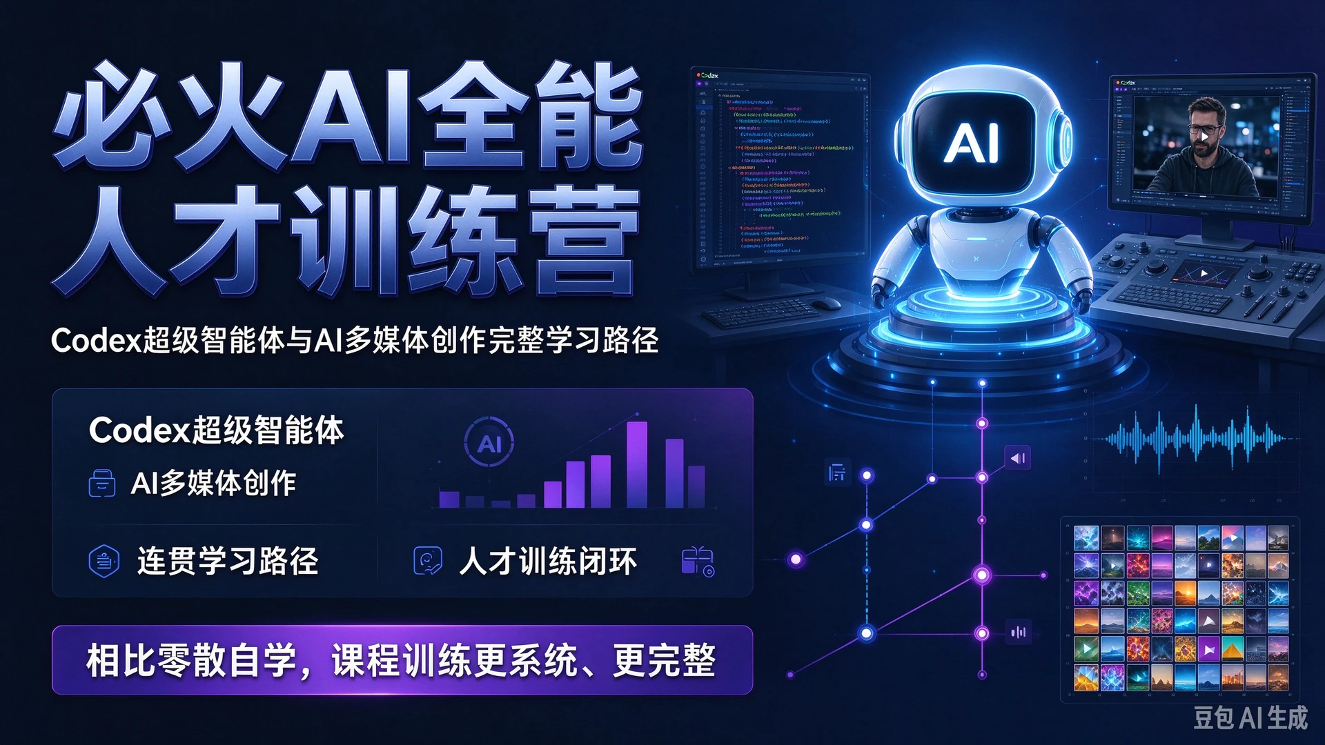 【精】必火AI全能人才训练营,课程模块覆盖Codex超级智能体与AI多媒体创作,相比零散自学拥有连贯完整的学习路径