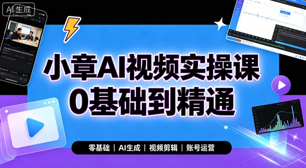 【精】小章AI视频实操课0基础到精通，零基础、AI生成、视频剪辑、账号运营