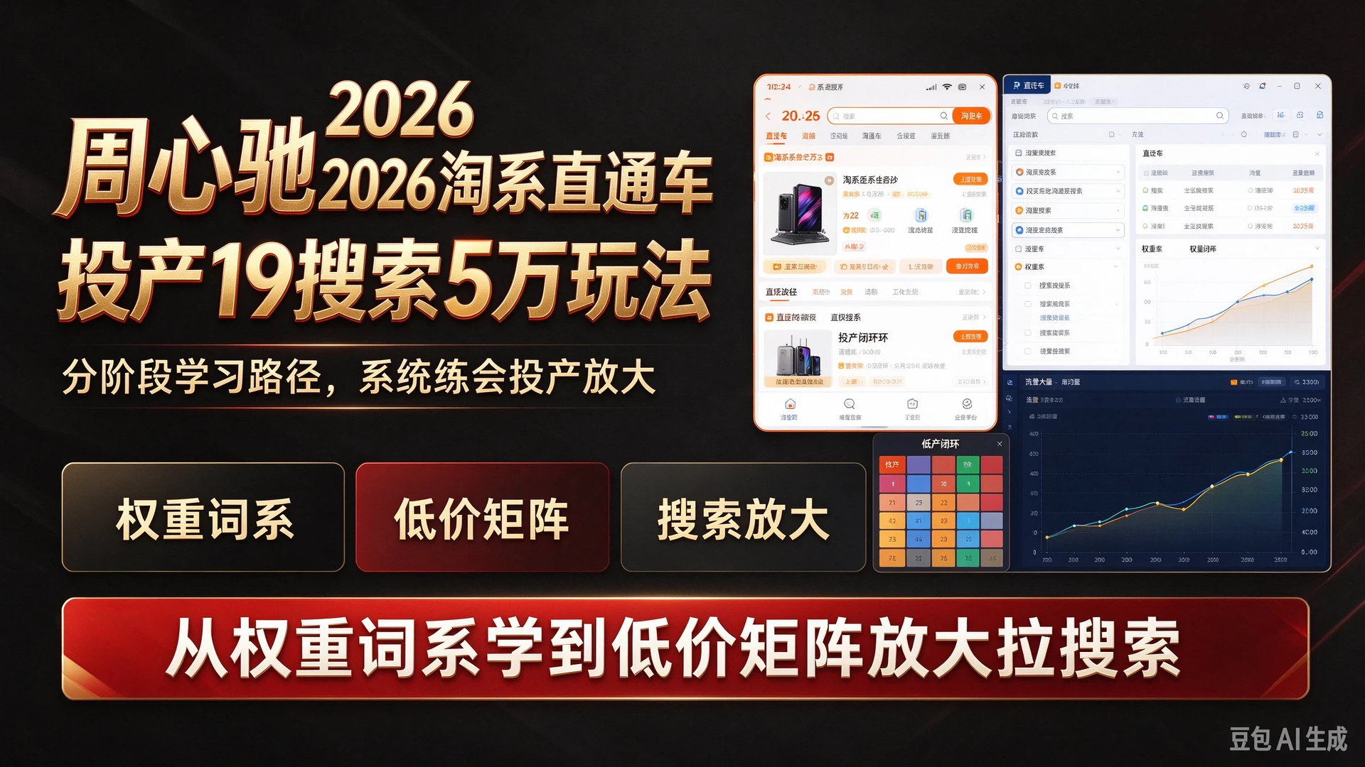 【精】周心驰2026淘系直通车投产19搜索5万玩法,规划分阶段学习路径,从权重词系学到低价矩阵放大拉搜索