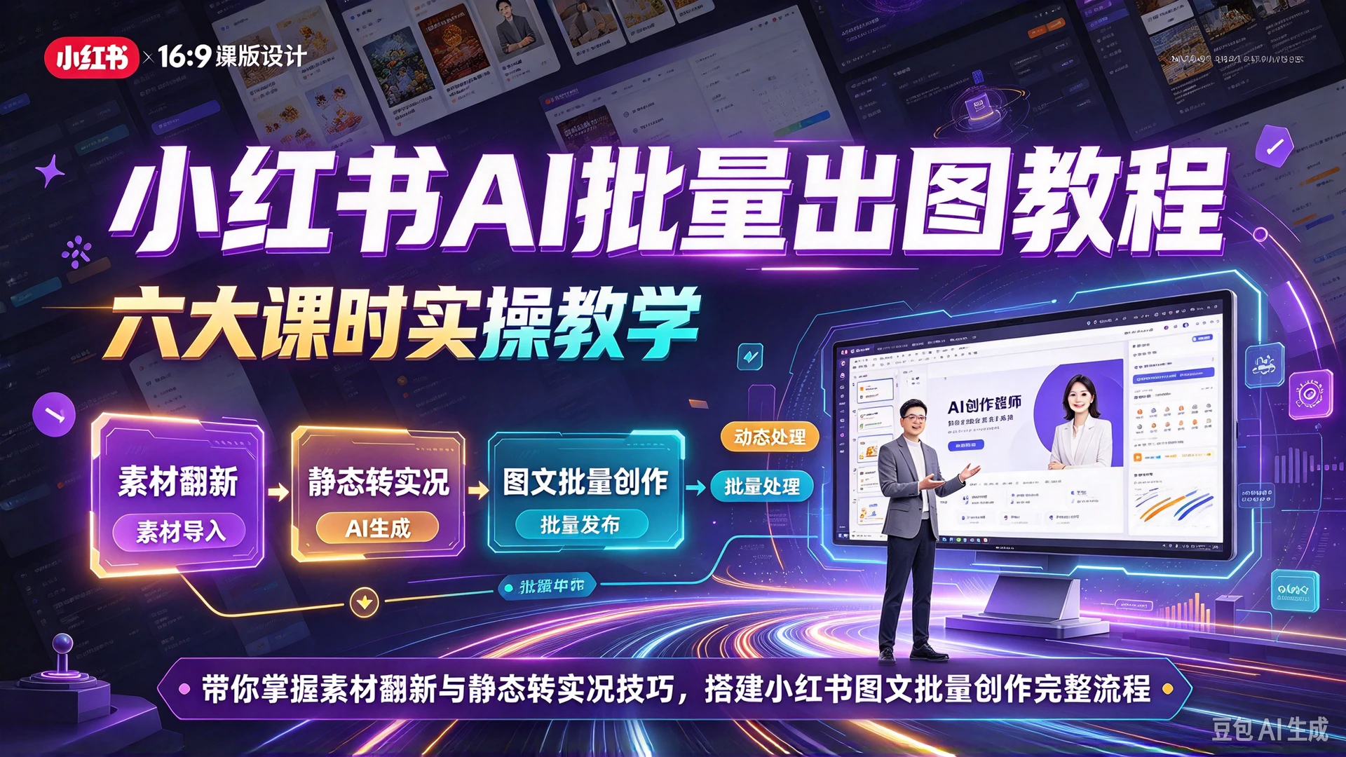 小红书AI批量出图教程，六大课时实操教学，带你掌握素材翻新与静态转实况技巧，搭建小红书图文批量创作完整流程