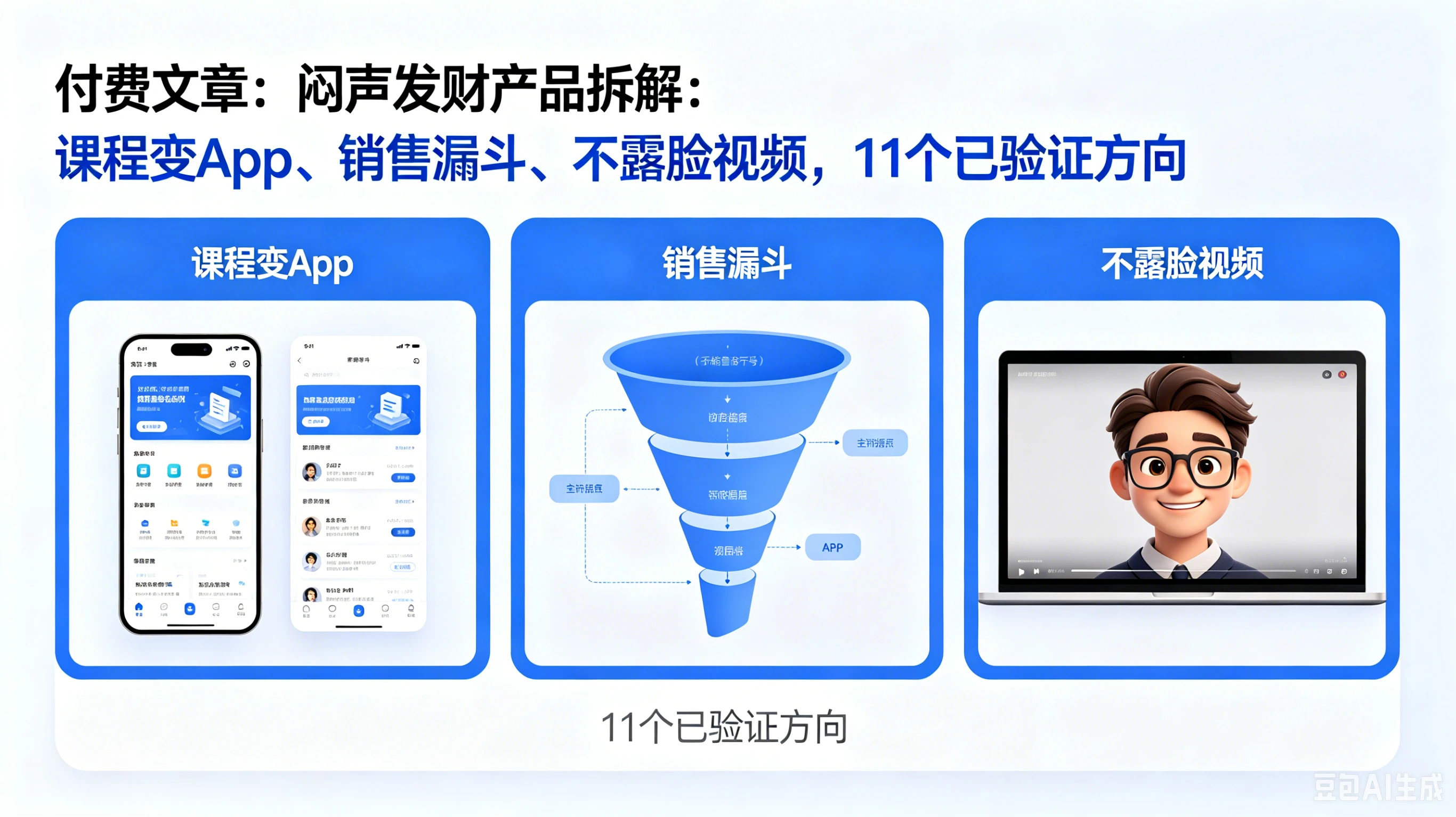 【精】付费文章：闷声发财产品拆解：课程变App、销售漏斗、不露脸视频，11个已验证方向