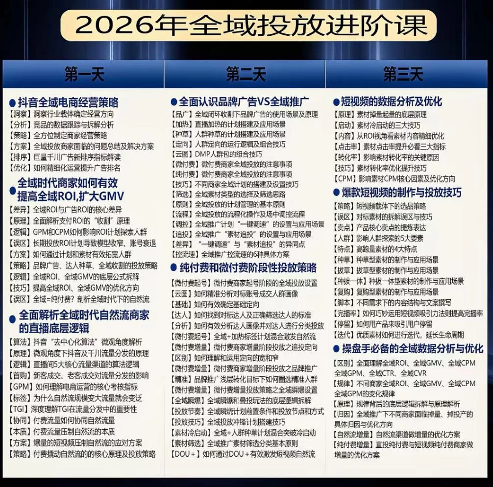 【精】千川扫地僧2026抖音全域投放进阶课，少走弯路·快速起量·掌控增长，6月12-14号杭州线下课