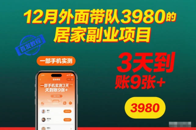 12月外面带队3980的居家副业项目，一部手机实测3天到账9张 ，首发教程【揭秘】