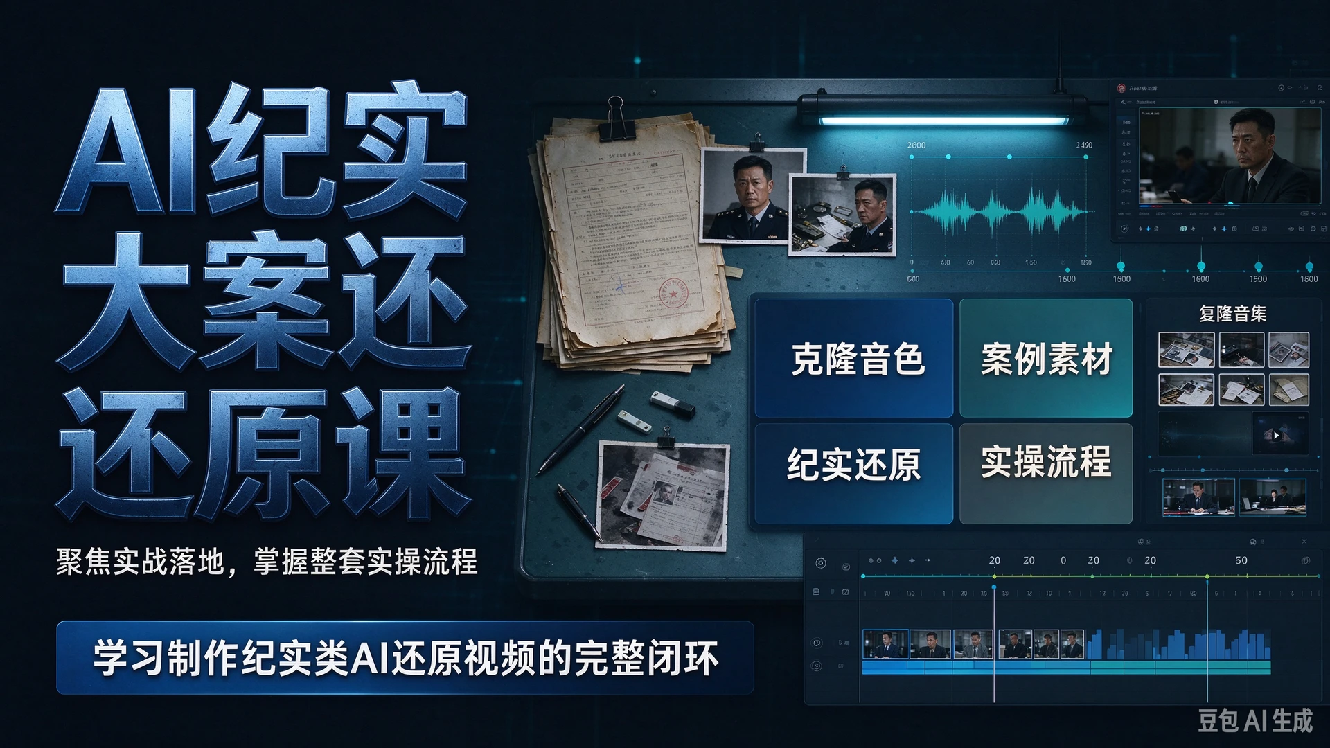 AI纪实大案还原课聚焦实战落地,依托克隆音色与案例素材,学习制作纪实类AI还原视频的整套实操流程