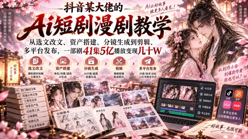 【精】抖音某大佬的Ai短剧漫剧教学,从选文改文、资产搭建、分镜生成到剪辑、多平台发布,一部剧41集5亿播放变现几十W 【精】抖音某大佬的Ai短剧漫剧教学,从选文改文、资产搭建、分镜生成到剪辑、多平台发布,一部剧41集5亿播放变现几十W
