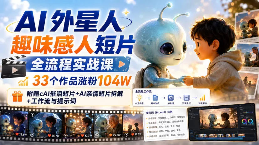 【精】AI外星人趣味感人短片全流程实战课,33个作品涨粉104W,附赠AI催泪短片+AI亲情短片拆解+工作流与提示词 【精】AI外星人趣味感人短片全流程实战课,33个作品涨粉104W,附赠AI催泪短片+AI亲情短片拆解+工作流与提示词
