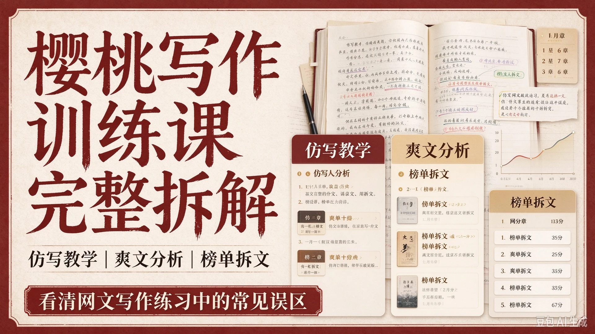 【精】樱桃写作训练课完整拆解,包含仿写教学、爽文分析与榜单拆文,帮写作者看清网文写作练习中的常见误区