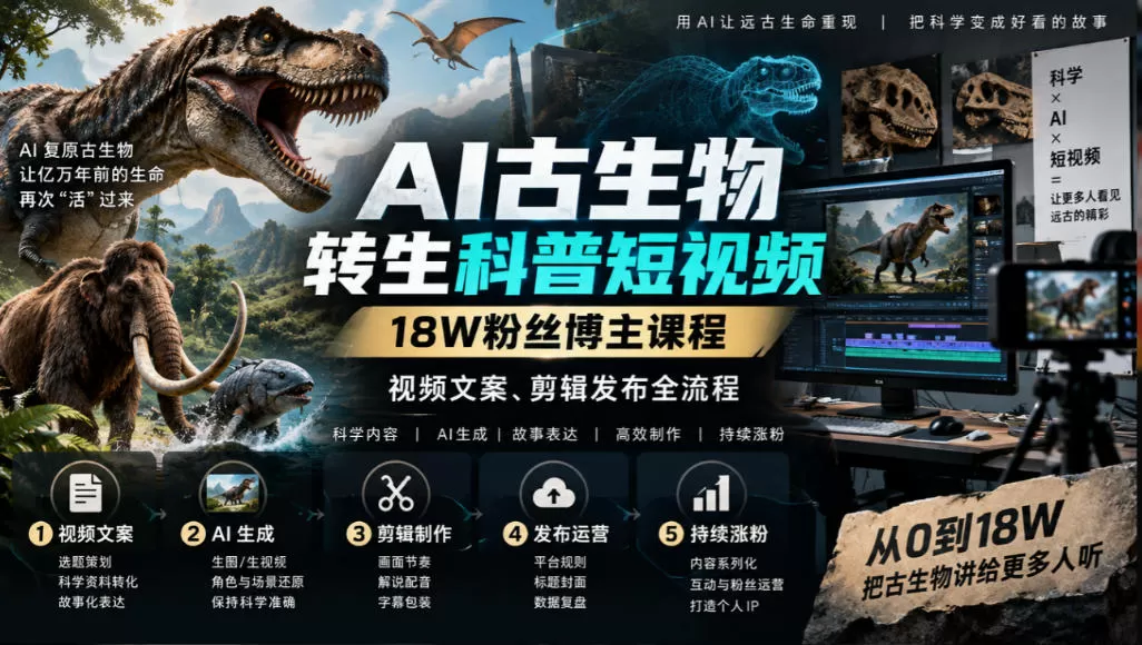 古生物AI科普短视频教学，带你从零基础到精通AI视频制作，实现古生物科普短视频制作的完整闭环，共2课时