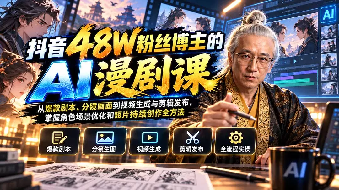 【精】抖音48W粉丝博主的AI漫剧课：从爆款剧本、分镜画面到视频生成与剪辑发布，掌握角色场景优化和短片持续创作全方法